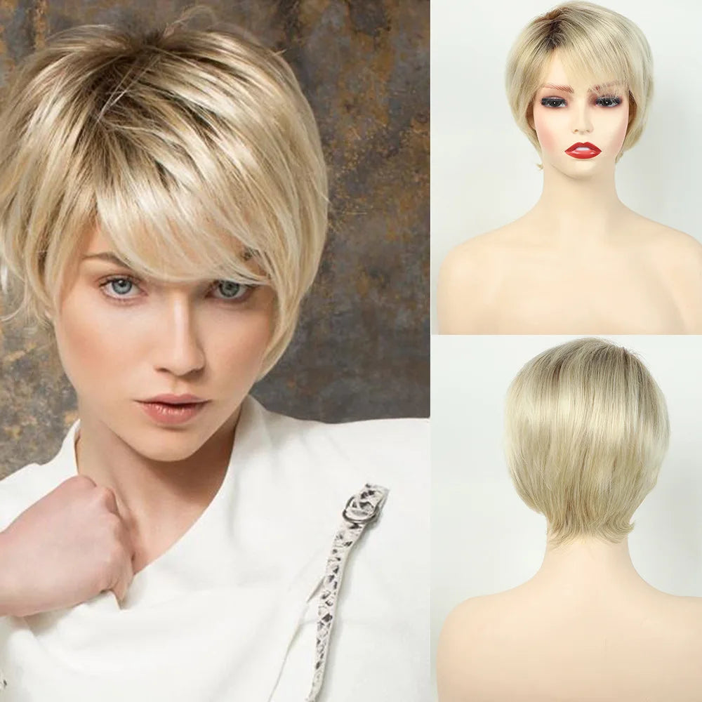 MSIWIGS Women's Short Pix Cut Blonde Straight Wig Natural Synthetic For White Lady Daily Wear High Tempreture Fiber