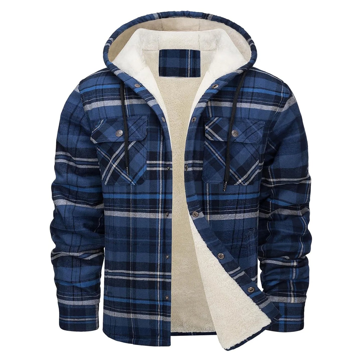 Thick Warm Flannel Hooded Jacket Mens Sherpa Fleece Lined Winter Coats Button Down Fashion Casual Plaid Shirt Jacket With Pocket
