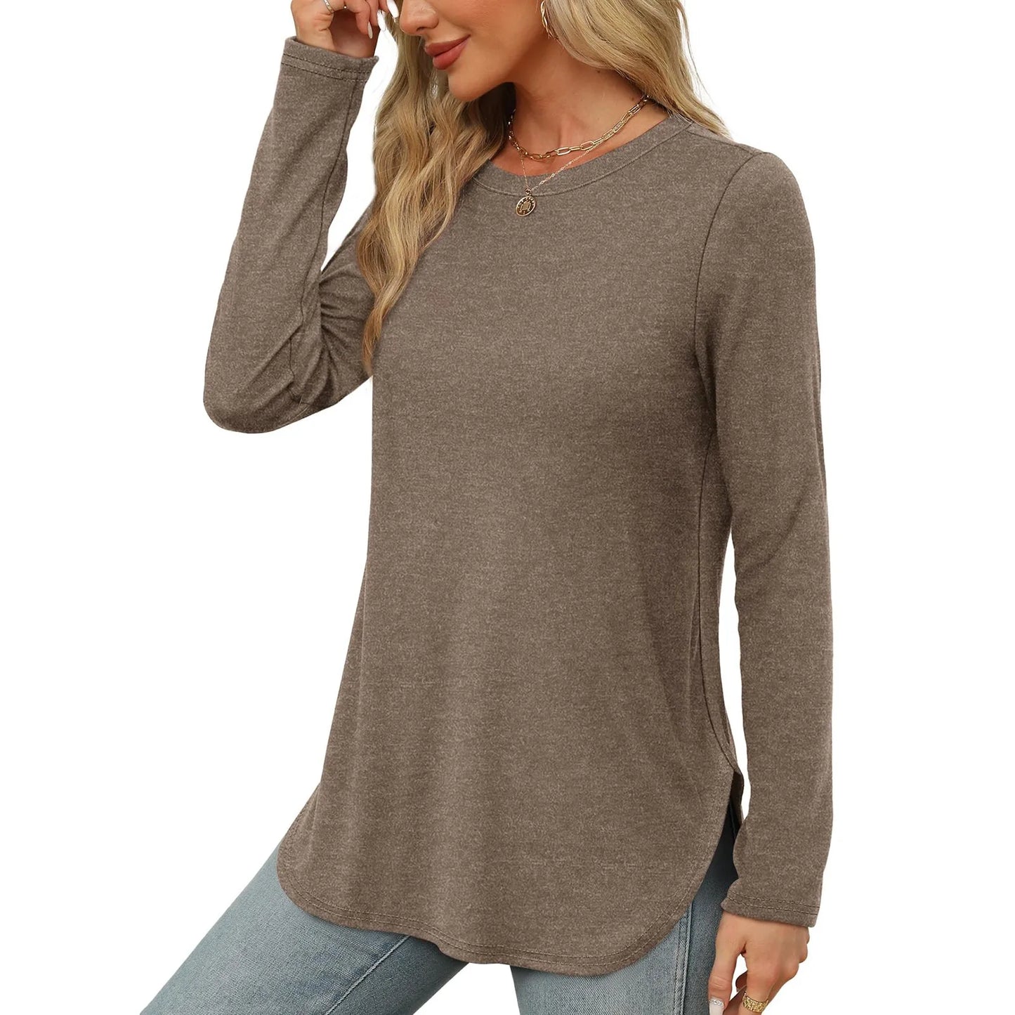 Traf 2024 Mujer Womens Long Sleeve Round Neck Shirts Side Split Basic Loose Tunic Tops Casual Shirts Ropa De Mujer Fashion