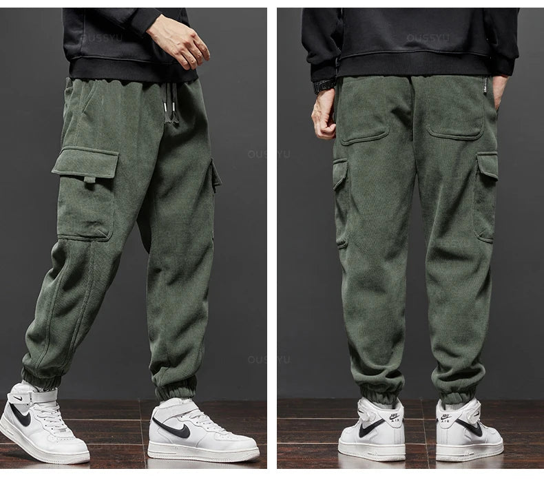 Winter Men's Fleece Warm Cargo Corduroy Pants Jogging Sweatpants Work Y2k Korean Pants Loose Harem Casual Trousers for Men