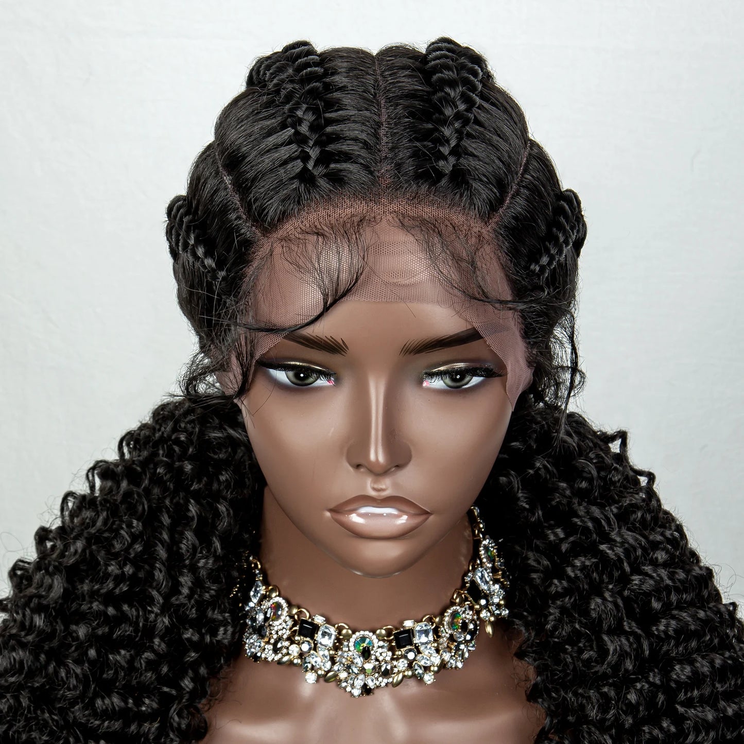 22inch Cornrow Braided Wigs Synthetic Lace Front Braids Wigs with Baby Hair 2 Curly Ponytail Braided Wigs for Black Women