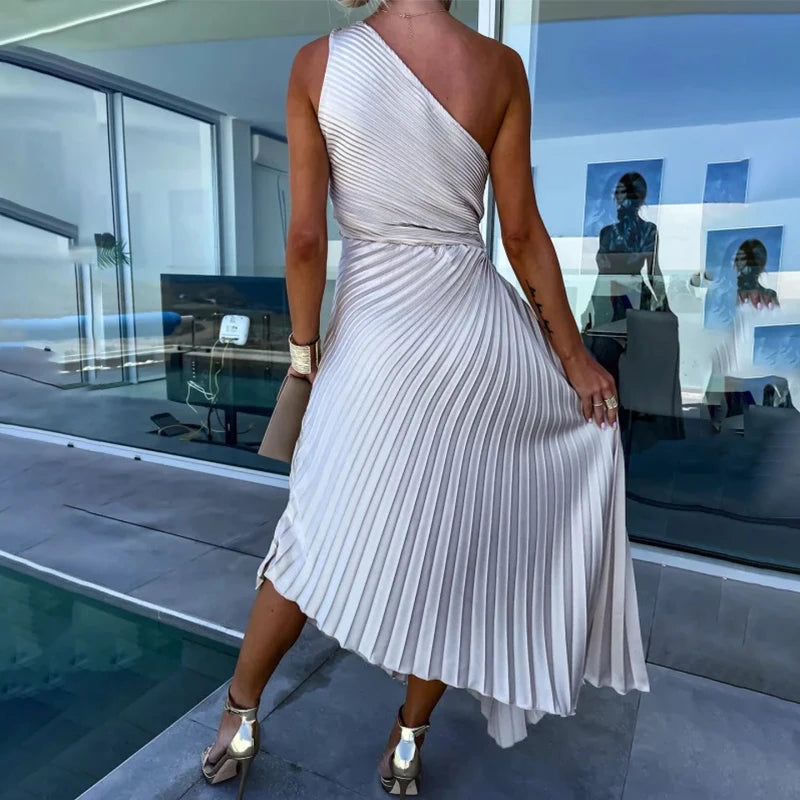 Ardm Elegant Oblique Shoulder Pleated Asymmetric Summer Dresses For Women 2023 Sexy Backelss Hollow Out Party Maxi Dress Vestido