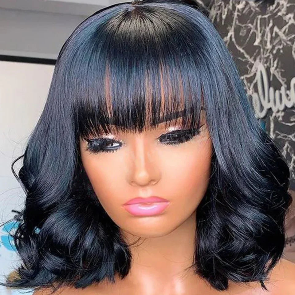 Short Bob Wig Loose Body Wave Wig With Bangs Brazilian Remy 100% Human Hair Wigs For Women Full Machine Glueless Wavy Bob Wigs