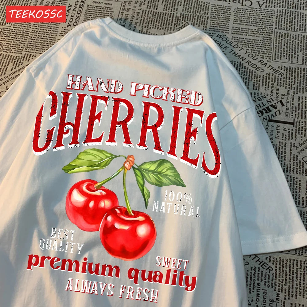 Summer Lemon Cherries Prints T-Shirts Cotton Women's Tops Oversize O-Neck Soft Short Sleeve tees Street Casual Womans Clothes