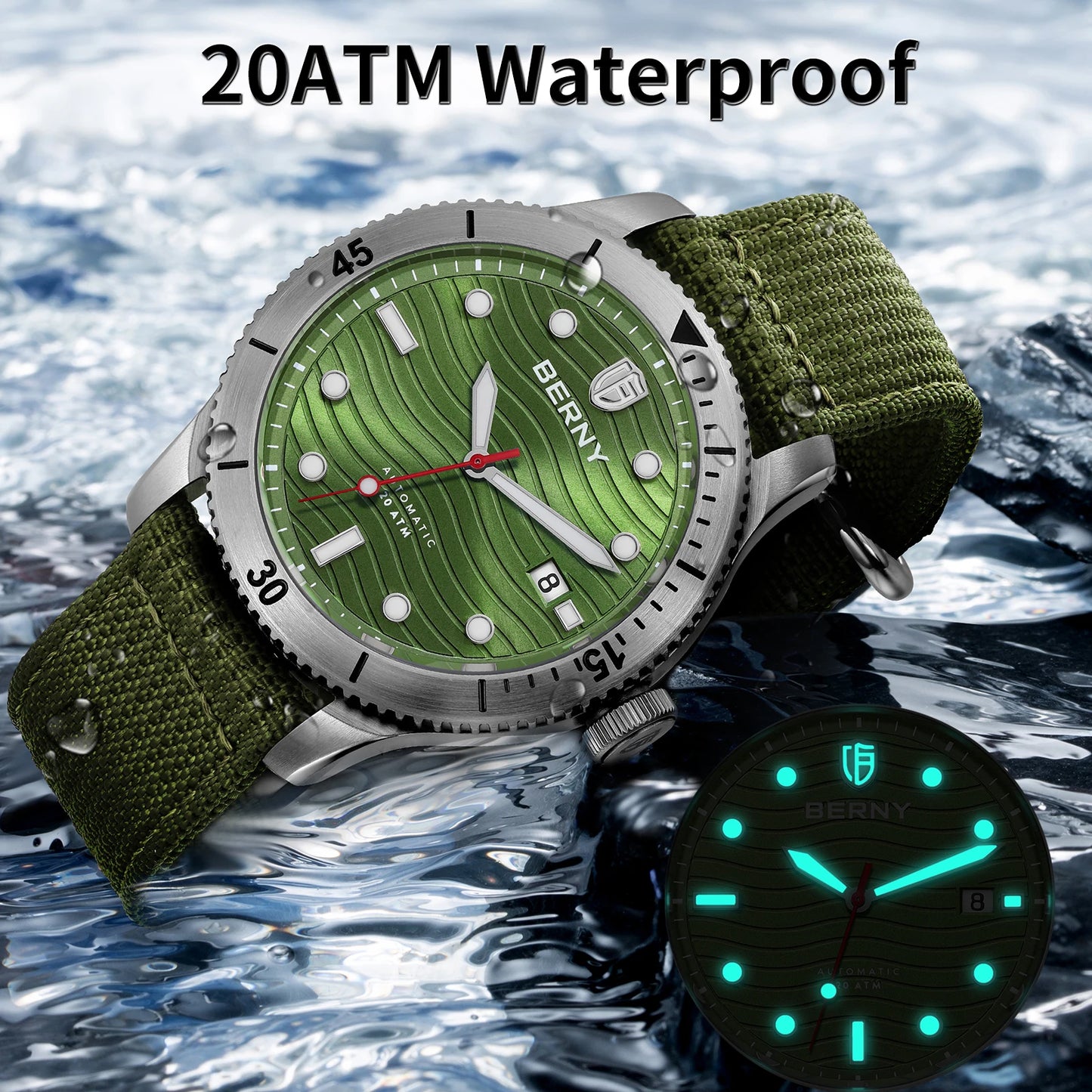 BERNY Top Automatic Diver Watch for Men PT5000 Movement 20ATM Waterproof Luminous Sapphire Lens Sport Swimming Diving Watch Men