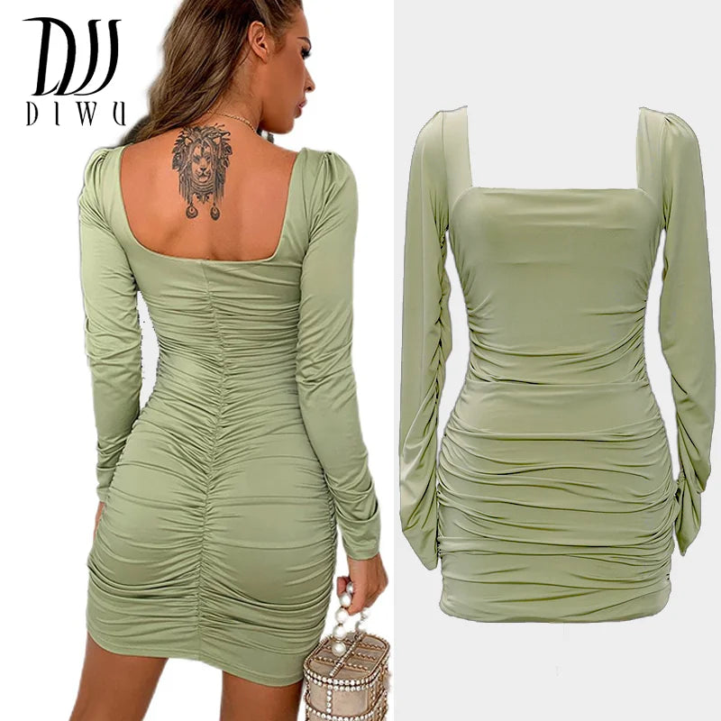 DIWU Women Sexy Autumn Long Sleeve Square Neck Bodycon Party Club Mini Dress 2022 Spring Autumn Clothes Dropshipping Streetwear