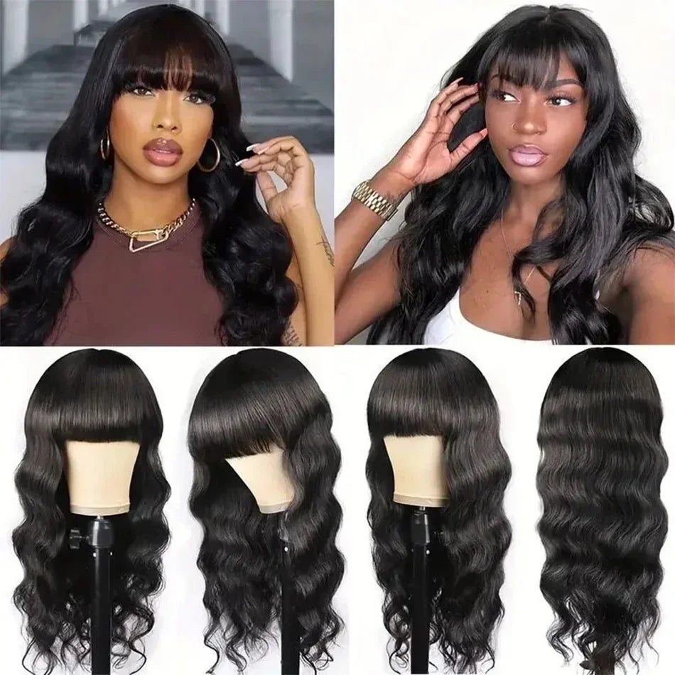 Body Wave Wig With Bangs Brazilian Human Hair Wig Sale Full Machine Made Fringe Glueless Wigs Ready To Wear 100% Original Hair