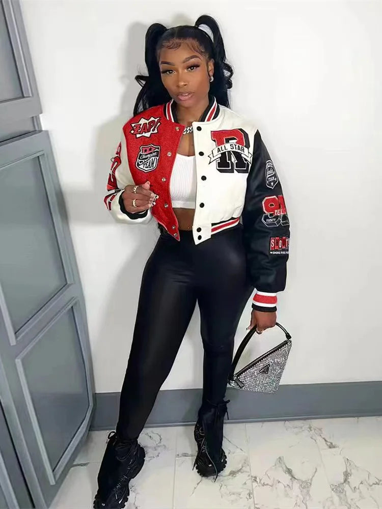 Winter Fall Jacket For Women Coat Trend O Neck Buttons Cropped Top Jacket Patchwork Baggy Blue Female Outerwear varsity jacket