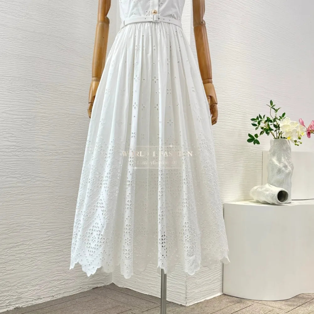 White Sleeveless Embroidery Midi Dress 2025 Top Quality