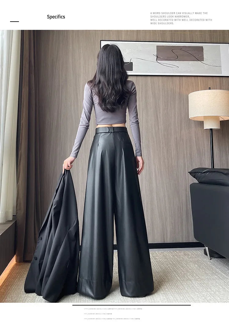 High Waist Wide Leg PU Leather Pants Women's Suit Casual Floor Length Trousers Autumn Winter New Style Loose Fit Long Pants