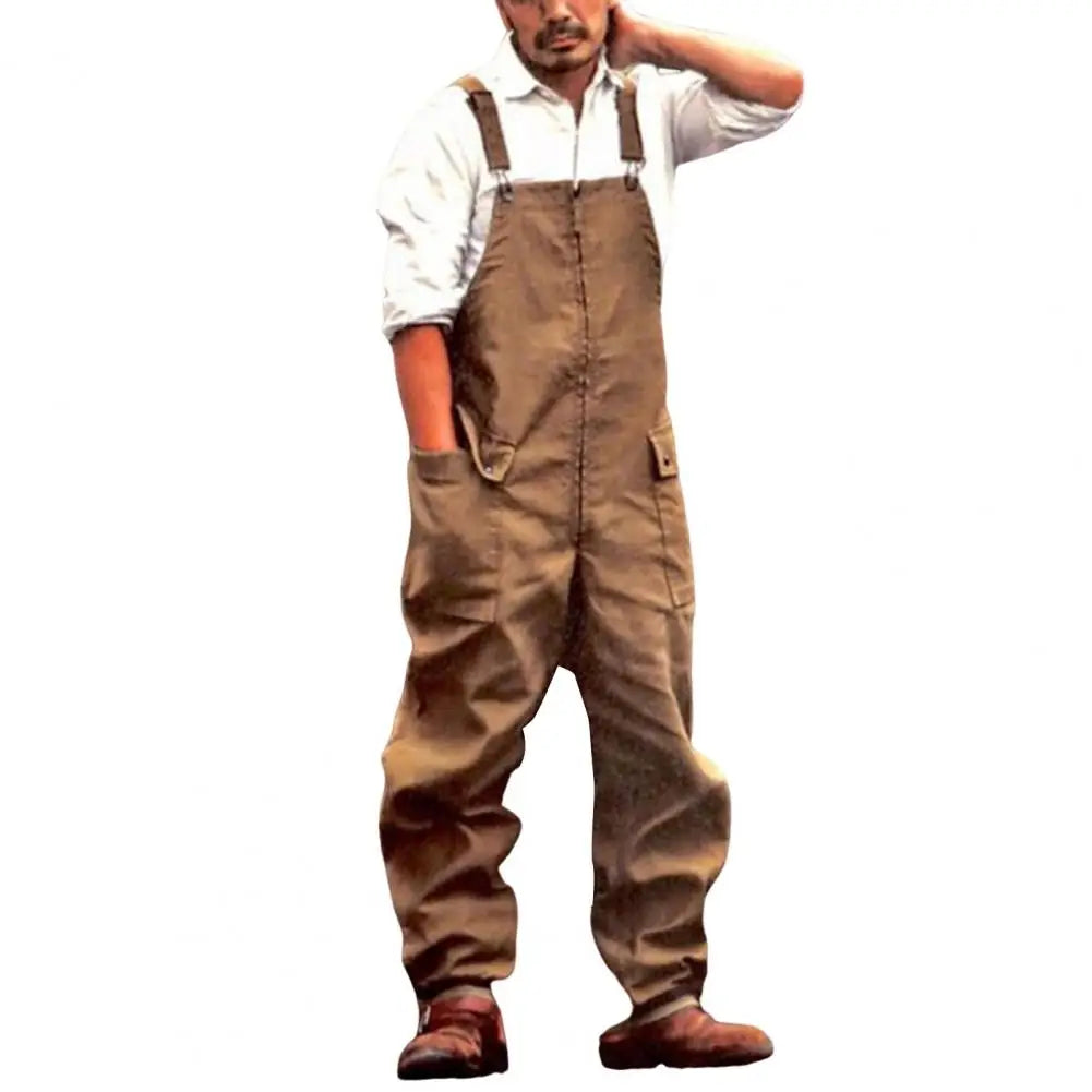 Men Denim Jumpsuit Casual Retro Style Loose Fit Overalls With Large Pockets Thick Fabric Cargo Plus Size Streetwear Jumpsuit