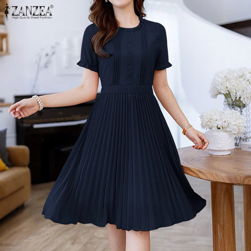2025 ZANZEA Elegant Women Midi Dresses Summer Office Work Dress Short Sleeve O Neck Party Vestidos Pleated Sundress Robe Femme