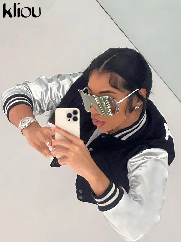 Kliou Letter Shape Patchwork Coats Women Casual Classic Panelled Long Sleeve Single Breasted Croped Jacket Female Street Outwear