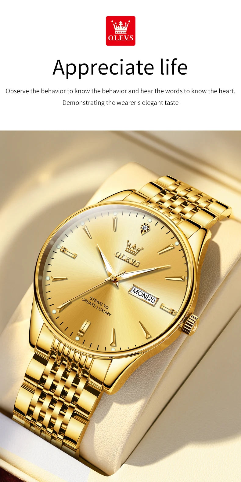 OLEVS Men's Watches Fashion Simple Calendar Week Luminous Waterproof Steel Strap Man Watch Original Quartz Watches for Men 2929