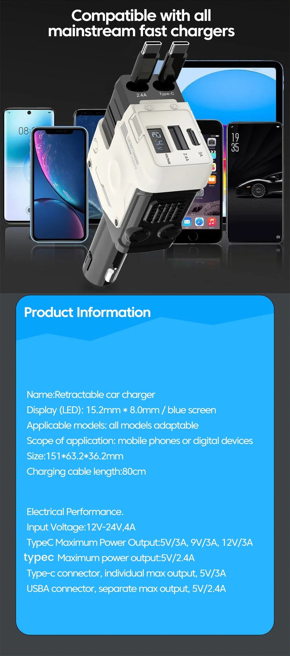 Elough 120W Car Charger Super Fast Flash Charge USB/Type C Multi Port Charger 4 in 1 Expansion Cable