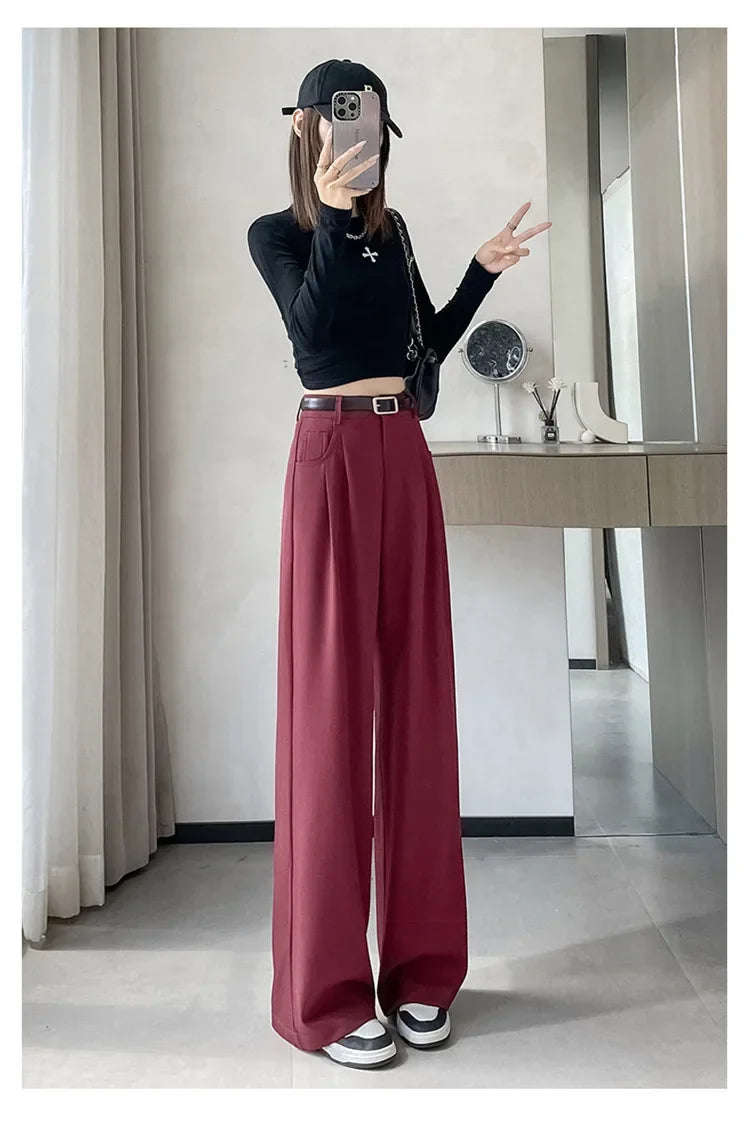 High Waist Slim Fit Straight Leg Suit Pants Wide Leg Casual Trousers Women's Autumn New Arrival Red Color Business Office Wear