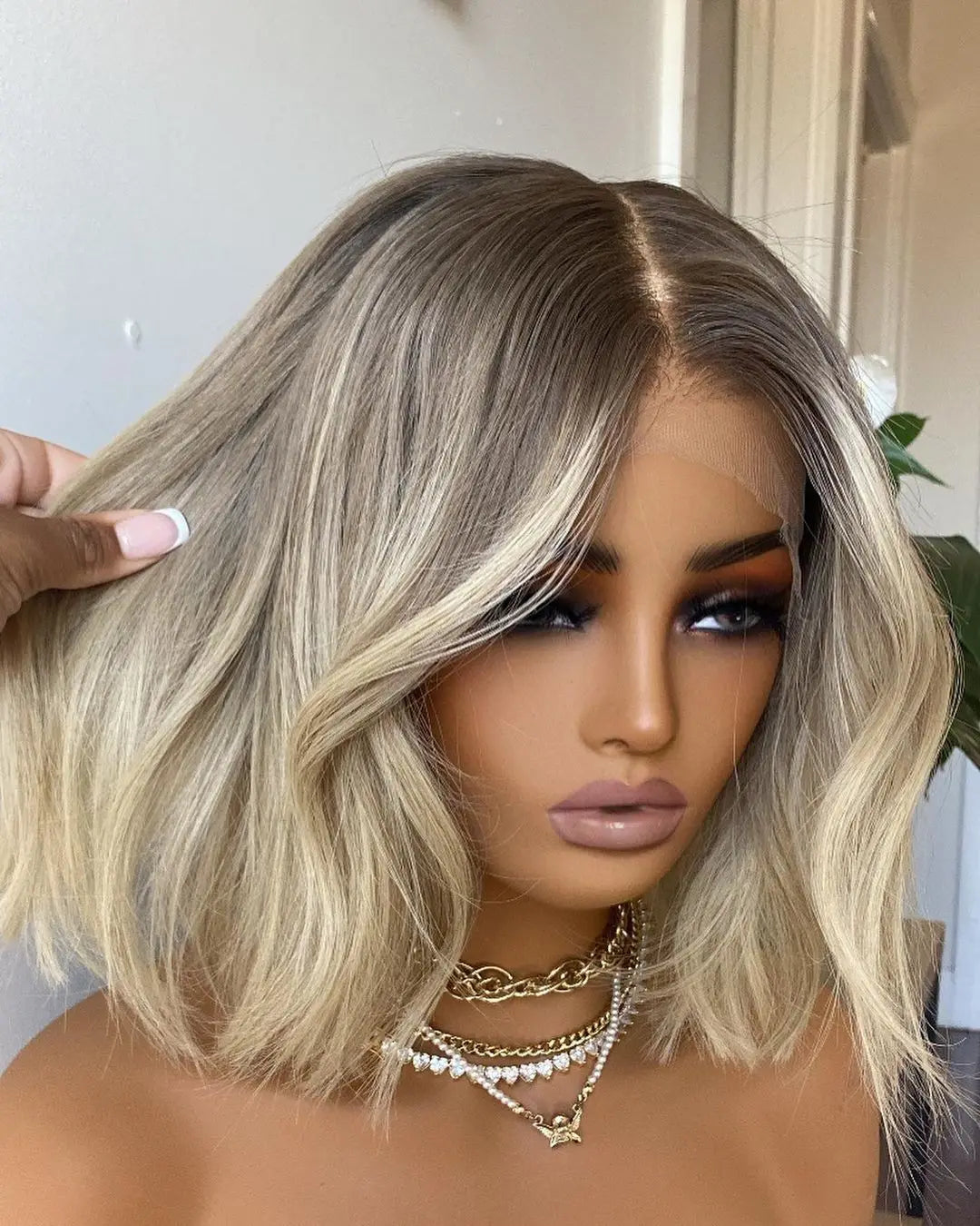 Synthetic Wig Hair Highlight Ash Blonde Straight Bob For Woman Lace Front Wig Bang Brazilian Hair Short Bob Wig