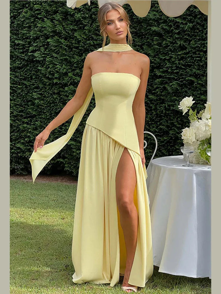 Fashion Contrast Women's V-neck Sling Long Dress For Women Elegant Pleated Backless Sleveless Maxi Dresses Lady Evening Vestidos