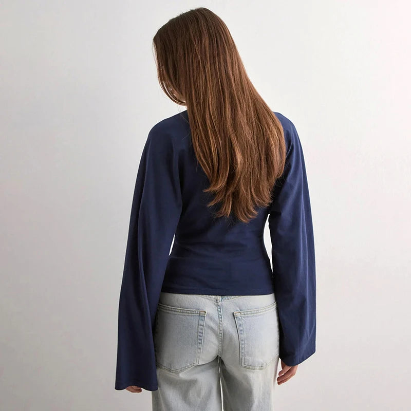 CUTENOVA Women Solid Color Round Neck Front Shoulder Wide Long Sleeves Cinched Waist Slim Top Daily Casual Simple Versatile Tops