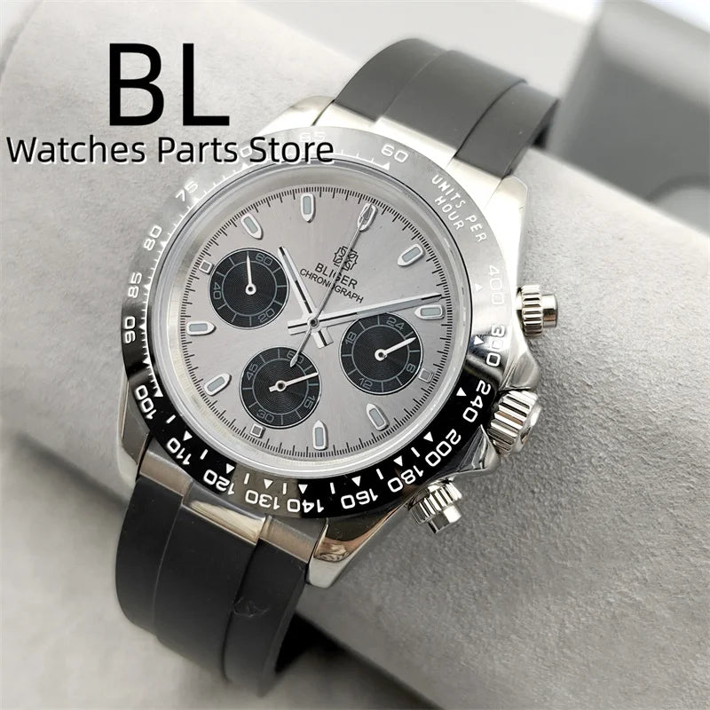 BLIGER/Sterile Gray Dial Chronograph VK63 Quartz Men's Watch 39mm Sapphire Case Black Bezel Luminous Stanless Steel/Rubber Strap