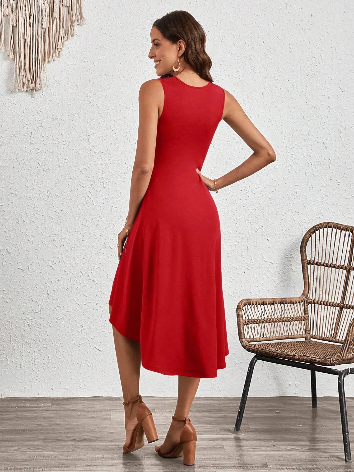 Summer New Women's Dress Fashion Sexy Slim Sleeveless A-line Dress Elegant Simple Office Red Korean Midi Dress For Female Party
