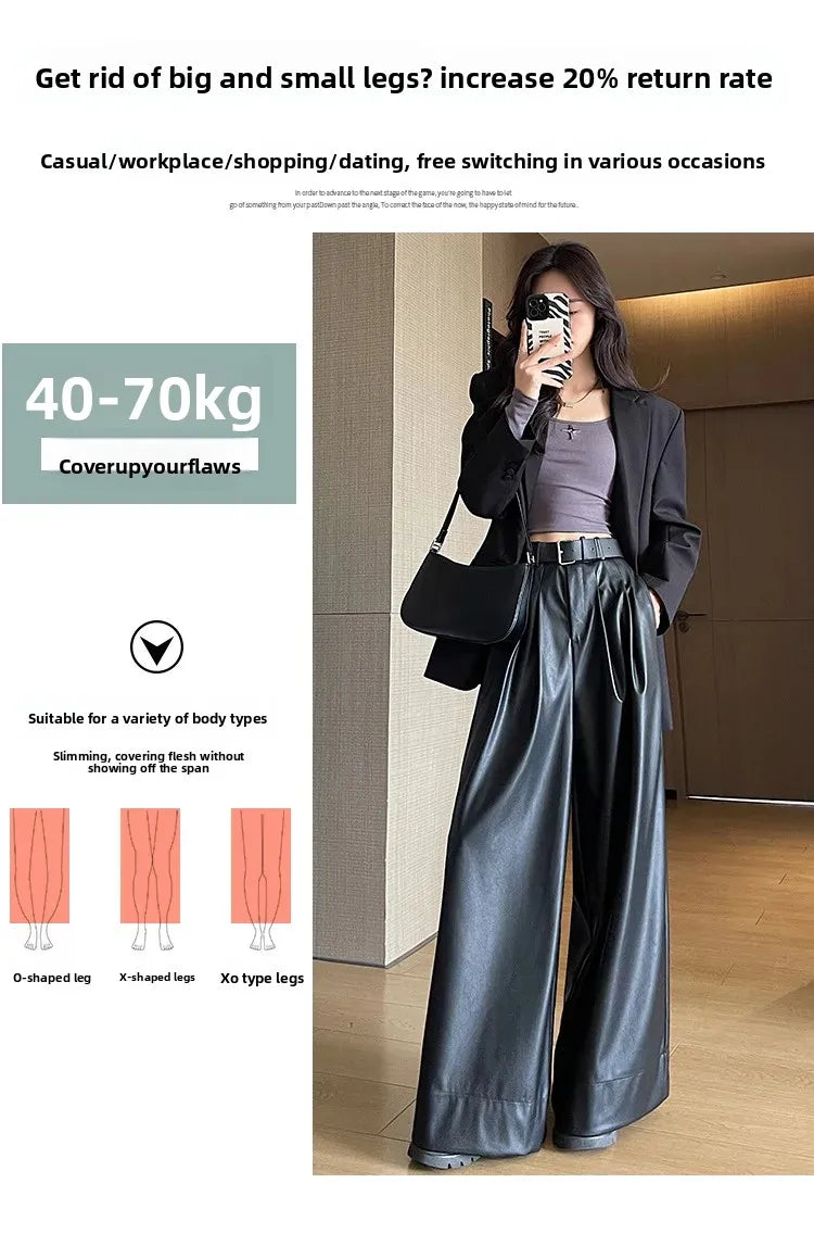 High Waist Wide Leg PU Leather Pants Women's Suit Casual Floor Length Trousers Autumn Winter New Style Loose Fit Long Pants