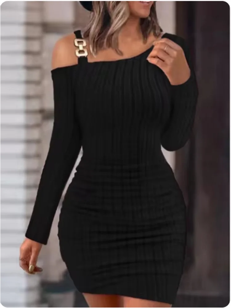 Stylish Metal Sheet Diagonal Collar Long Sleeved Dress Women's Solid Slim knitted Dresses Sexy Off Shoulder Autum Roben