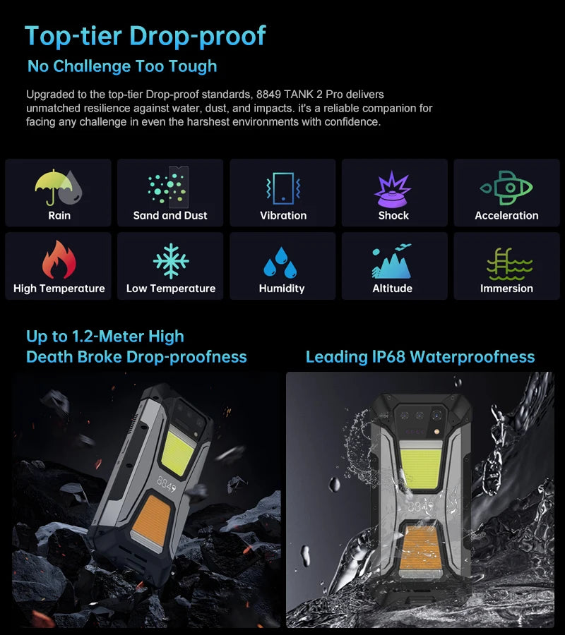 8849 Tank 2 PRO Rugged Smartphone with Projector 16GB 256GB Mobile Phone 23800mAh 120W Android 14 Phone 100MP Cell Phone