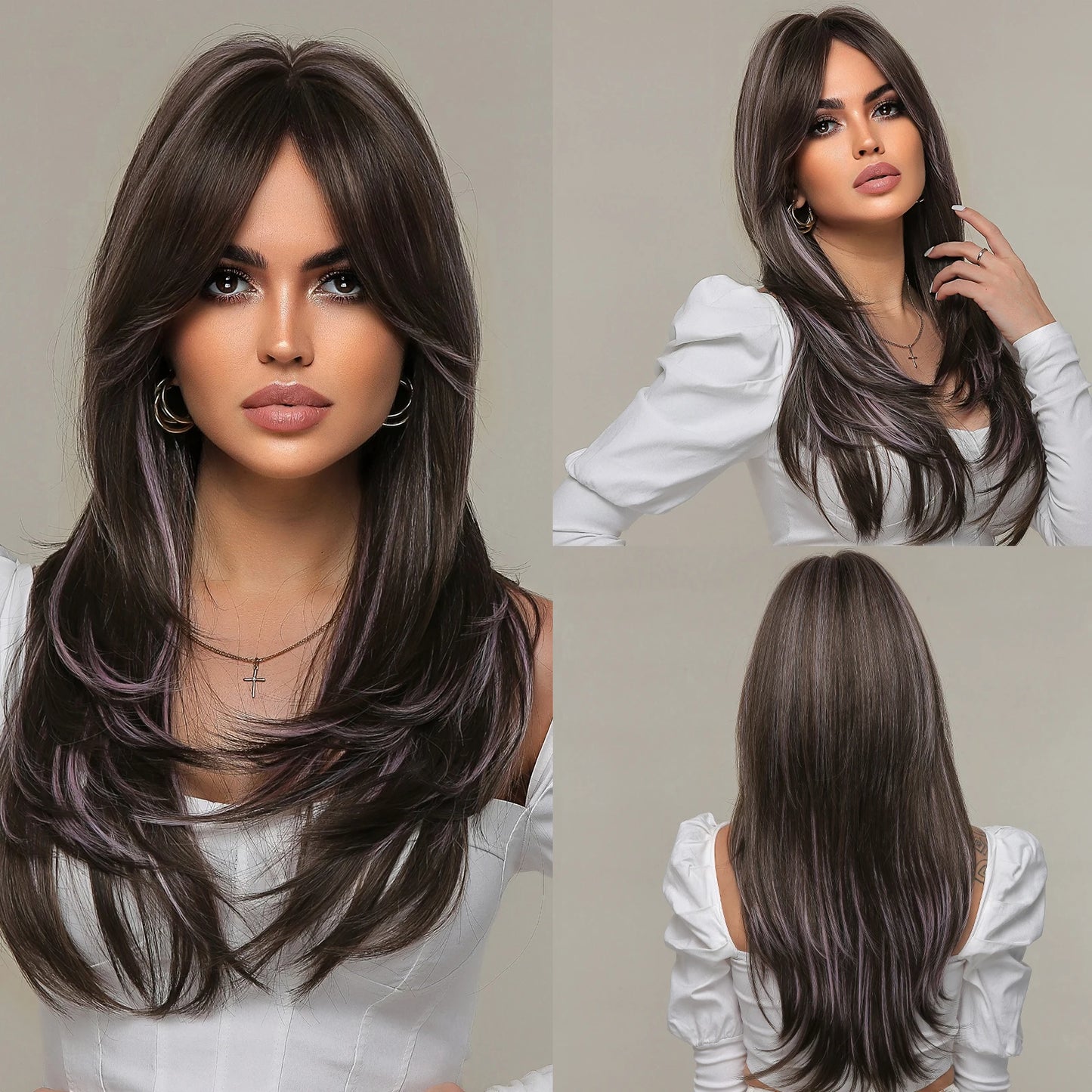 Light Brown Synthetic Wigs with Bangs Straight Shoulder Length Chocolate Brown Wig for Black White Women Heat Resistant Daily