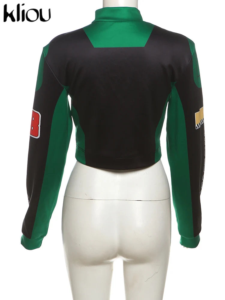 Cutenew Panelled Feather Women Coats New Letter Print Patchwork Buttons Full Sleeve Zip-up Crop Jackets Female Street Outwear