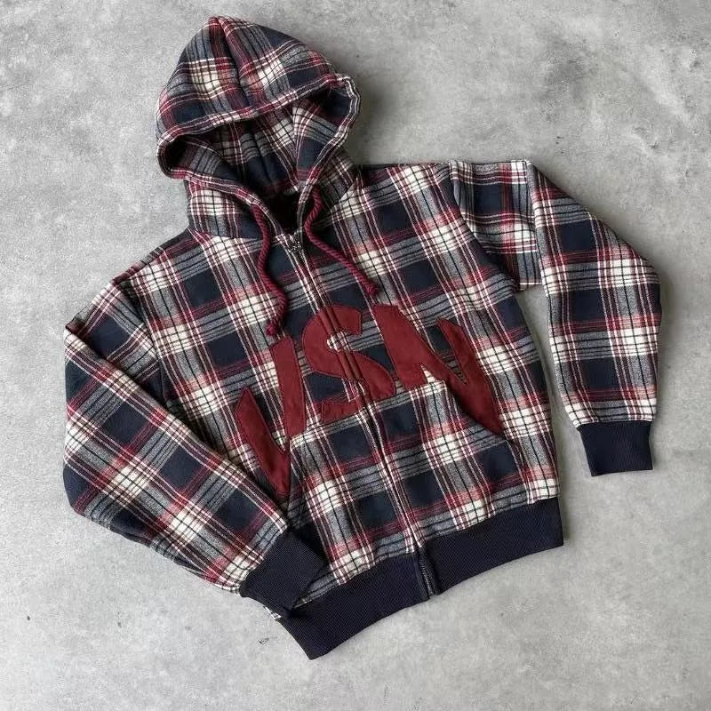 Hip-hop letter embroidery plaid splicing design oversized long-sleeved hoodie for men skateboard Y2K casual versatile sweatshirt