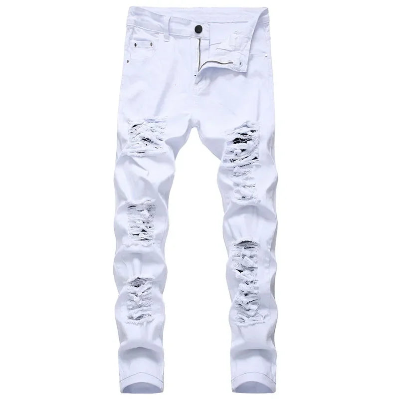 2025 Hole Denim Pants Men's Tide Brand Ruined Hole Jeans Solid Slim All-match High Street Hip Hop Trousers Red White Large Size
