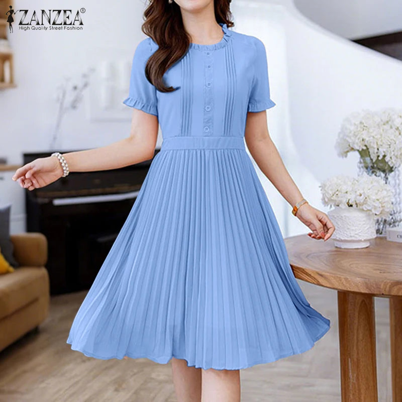 2025 ZANZEA Elegant Women Midi Dresses Summer Office Work Dress Short Sleeve O Neck Party Vestidos Pleated Sundress Robe Femme