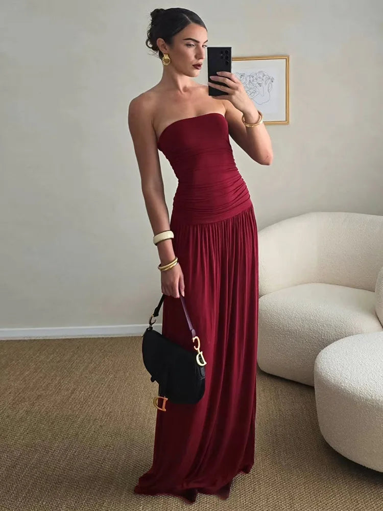 Mozision Off-shoulder Strapless Pleated Sexy Maxi Dress Women Fashion Backless Sleeveless High Waist Ruched Long Dress Elegant