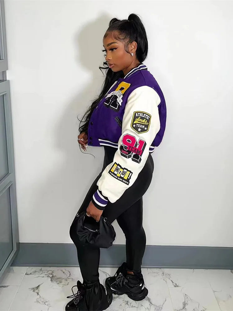 Winter Fall Jacket For Women Coat Trend O Neck Buttons Cropped Top Jacket Patchwork Baggy Blue Female Outerwear varsity jacket