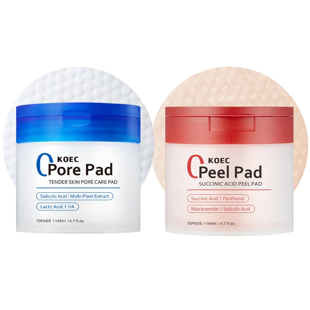 KOEC Zero Pore Pads 70Pads and Red Succinic Acid Facial Peeling Pads , for Exfoliation and Pore Care with AHA Lactic Acid