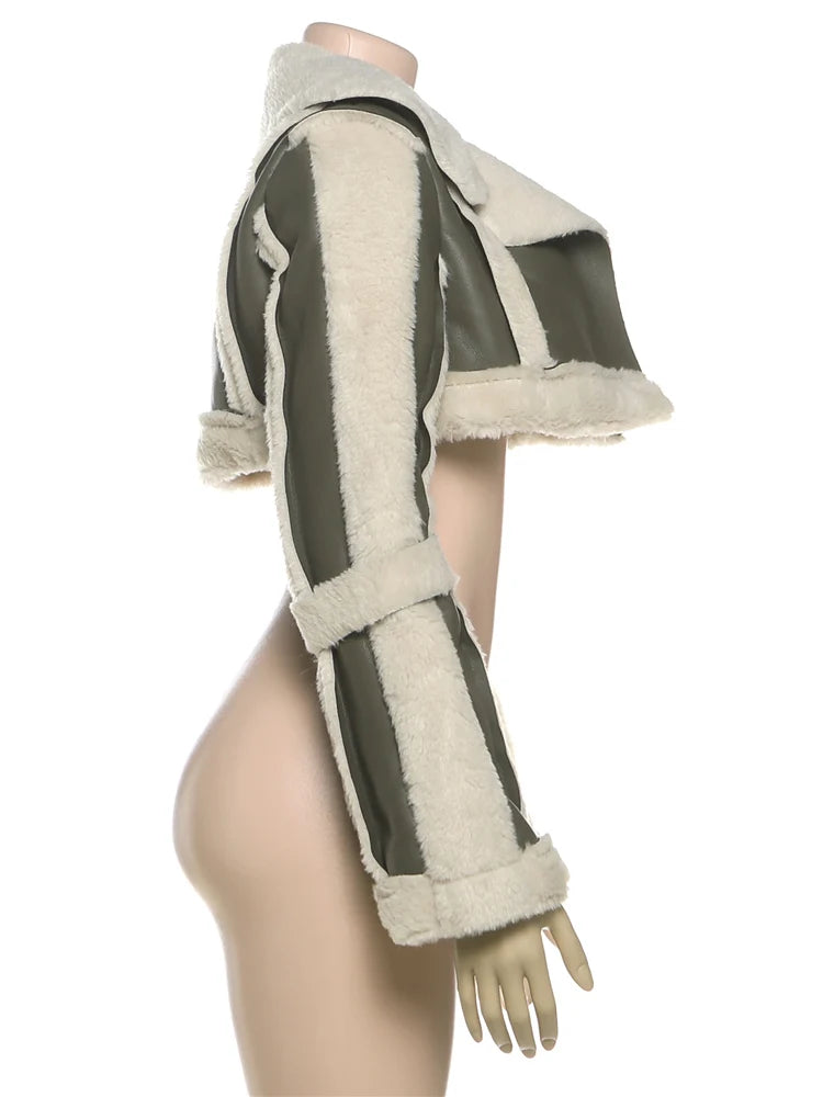 Weird Puss Furry Patchwork Women Crop Jacket Hipster Full Sleeve Open Stitch Hipster Streetwear Warm Outwear Basic Wild Coat