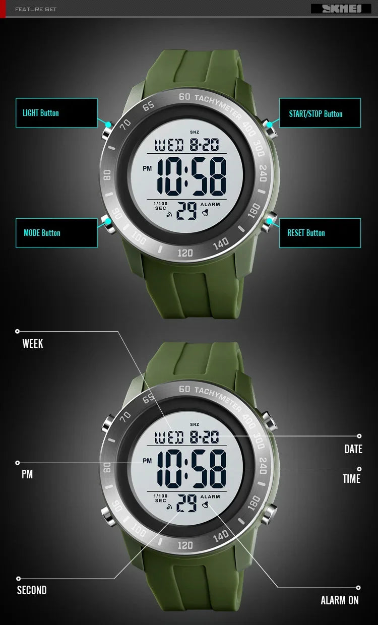 SKMEI 1524 2 Time LED Digital Wristwatches Mens Waterproof Chrono Count Down Male Hour montre homme Big Dial Sport Men Watch