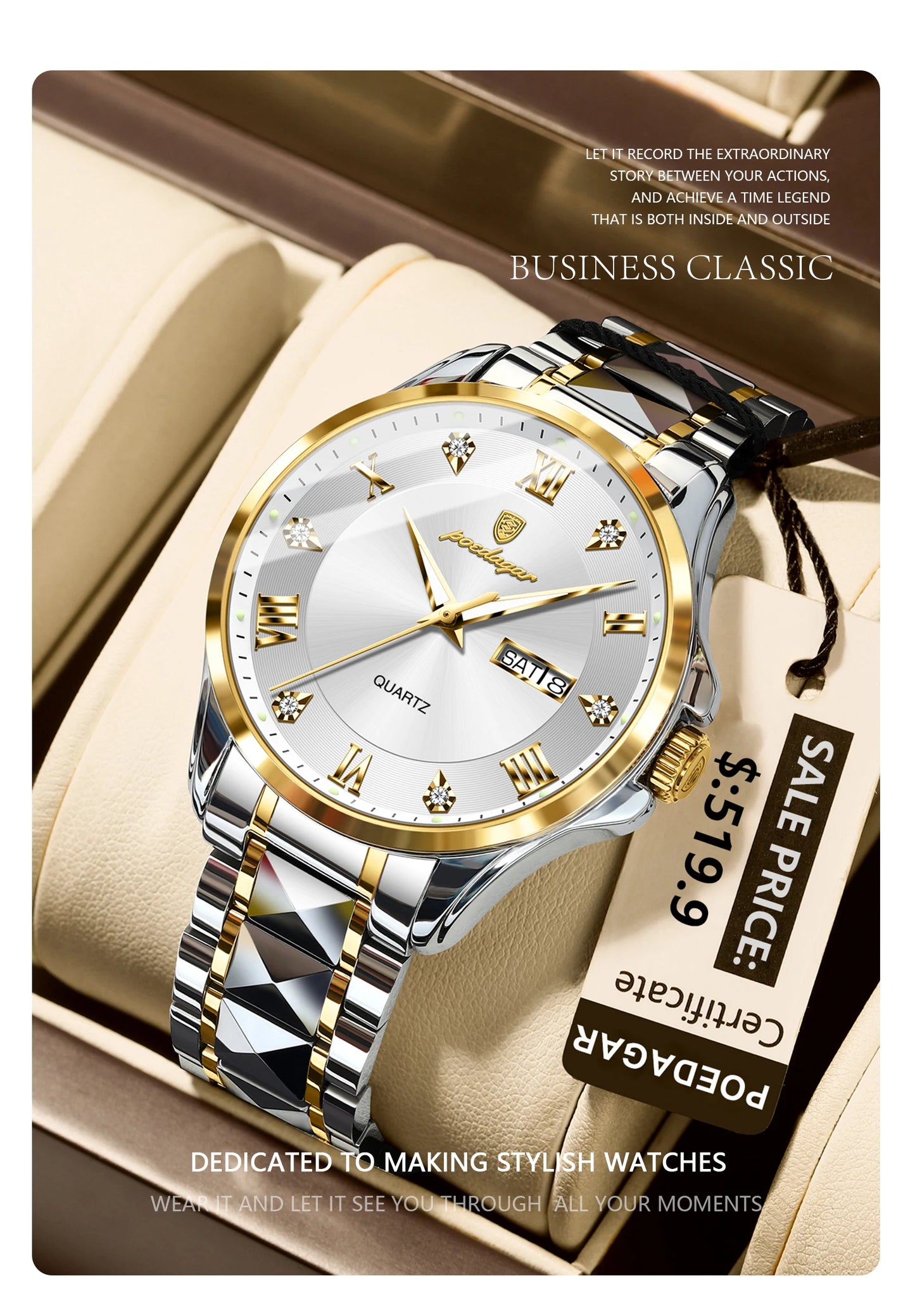 POEDAGAR Luxury Casual Man Watch Waterproof Luminous Date Week Quartz Men's Watches Stainless Steel Fashion Sport Men Wristwatch