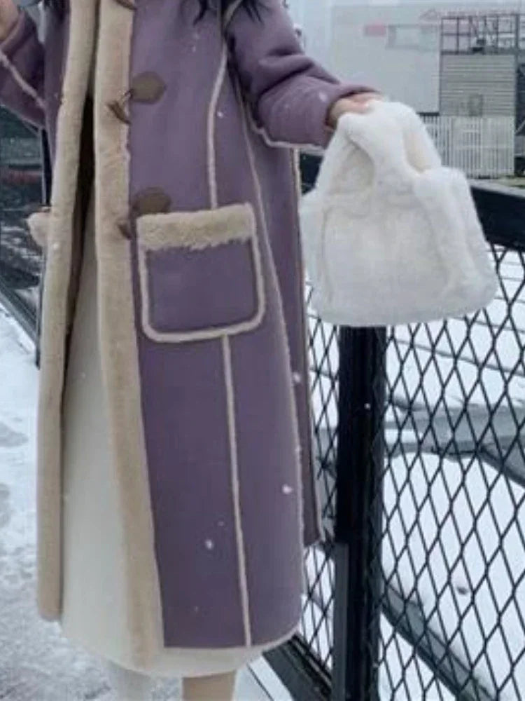 2025 Autumn Winter Women's Simple and Chic Long Coat with Button Design Lamb Wool Collar, Versatile and Stylish for Casual Wear