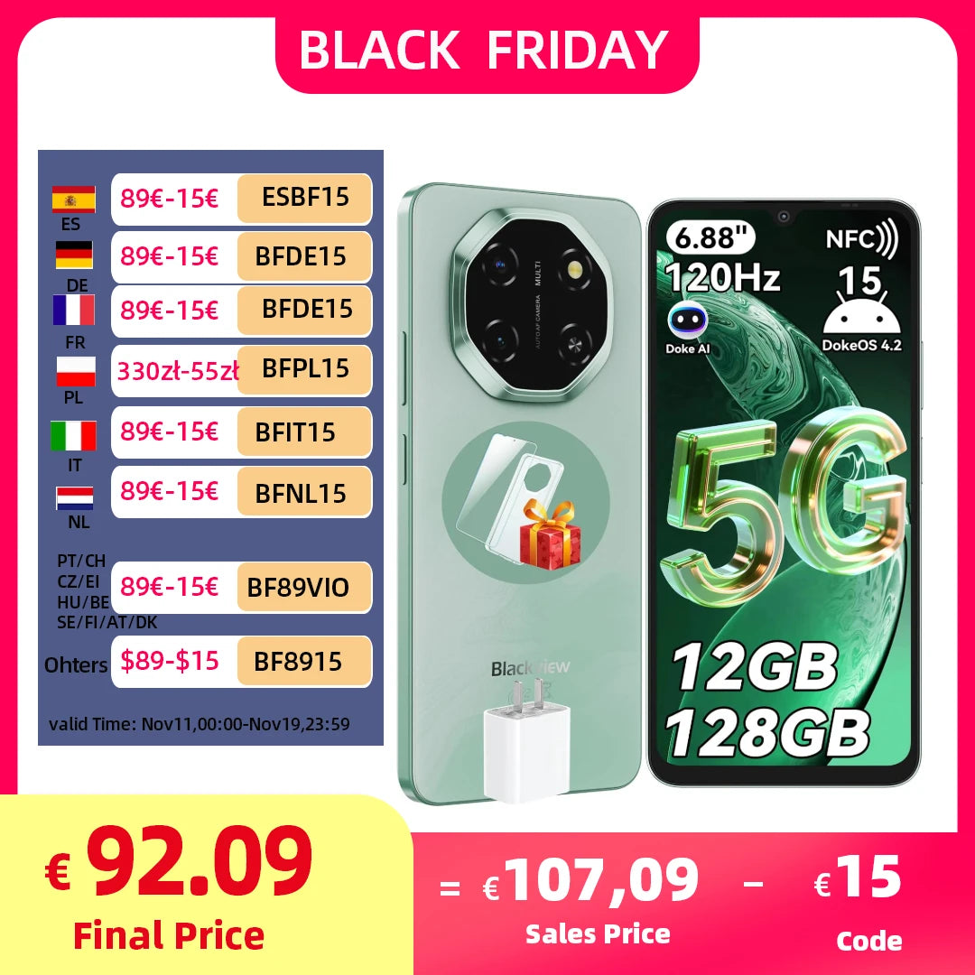 Blackview SHARK 6 AI Smartphone Android 15 Unisoc T8100 5G Mobile Phone 6.88'' Display 120Hz, 8+16GB RAM,128GB+2TB ROM, 5000mAh