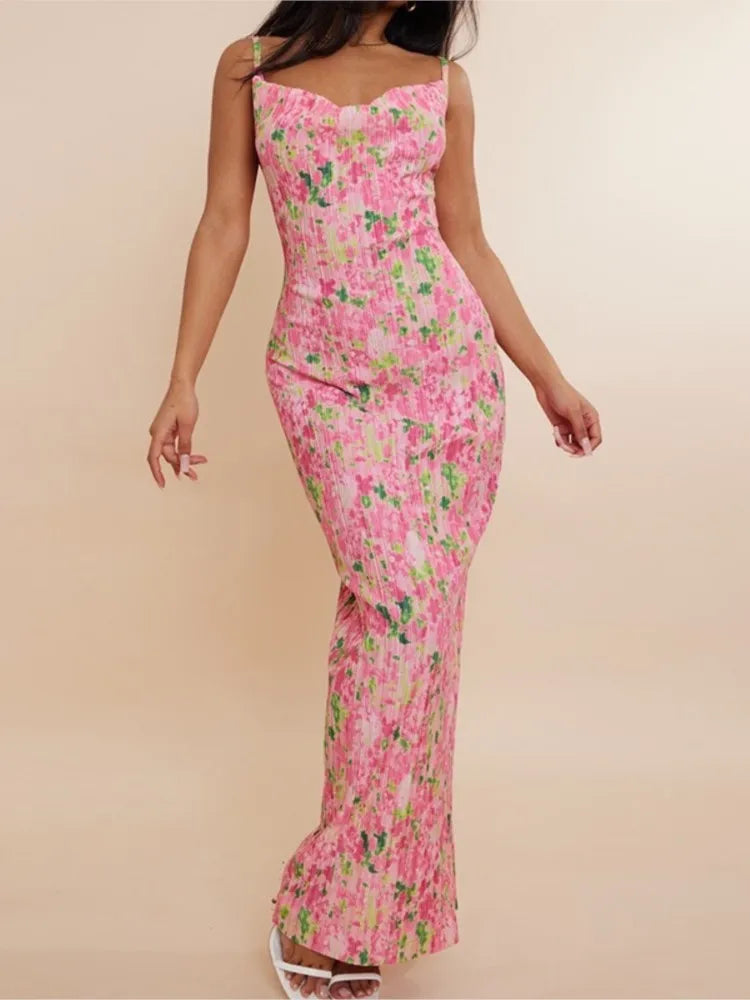 Folds Print Spaghetti Strap Slim Long Dresses Women Fashion Sexy Low Cut Package Hip Bodycon Party Dress Trendy Streetwear New