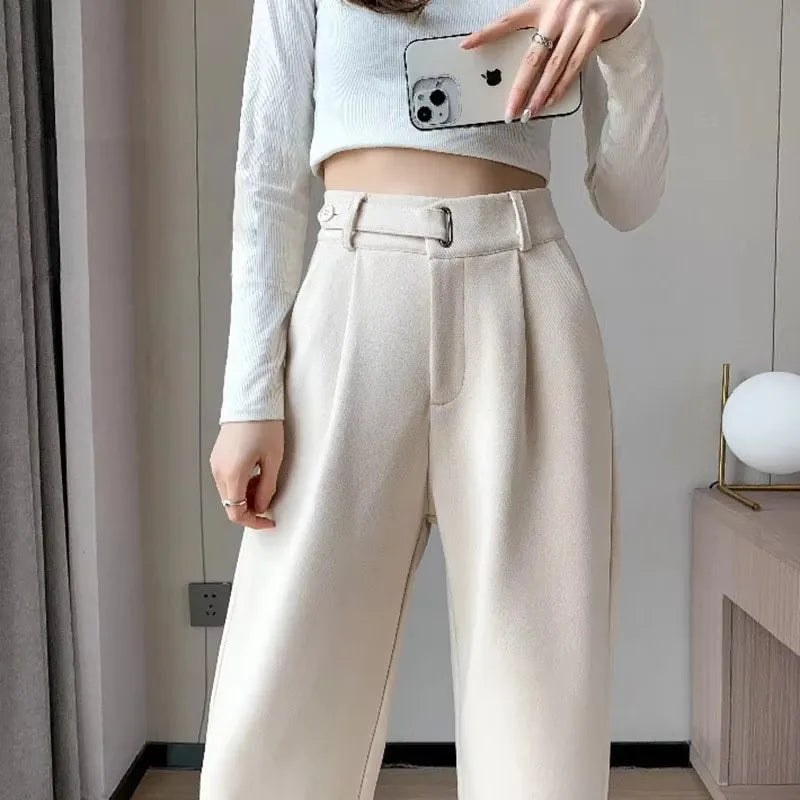 Women's straight leg pants, loose casual wide leg pants, women's adjustable elastic waistband, floor length suit pants