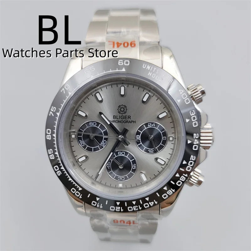 BLIGER/Sterile Gray Dial Chronograph VK63 Quartz Men's Watch 39mm Sapphire Case Black Bezel Luminous Stanless Steel/Rubber Strap