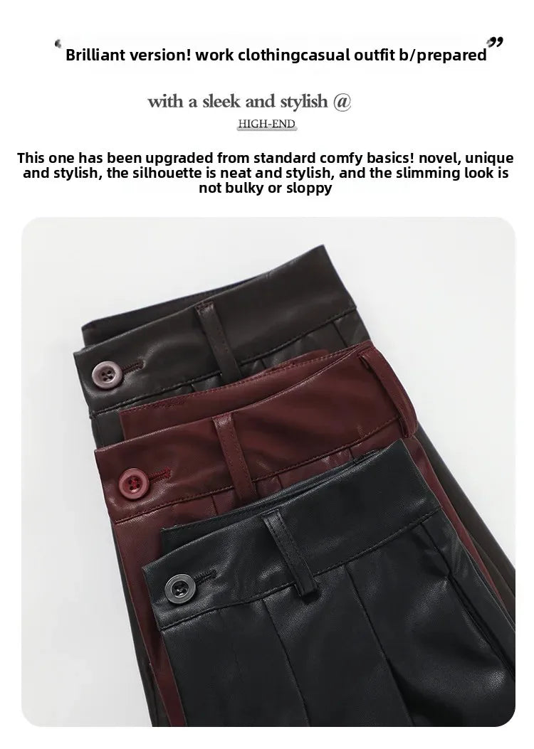 High Waist Wide Leg PU Leather Pants Women's Suit Casual Floor Length Trousers Autumn Winter New Style Loose Fit Long Pants