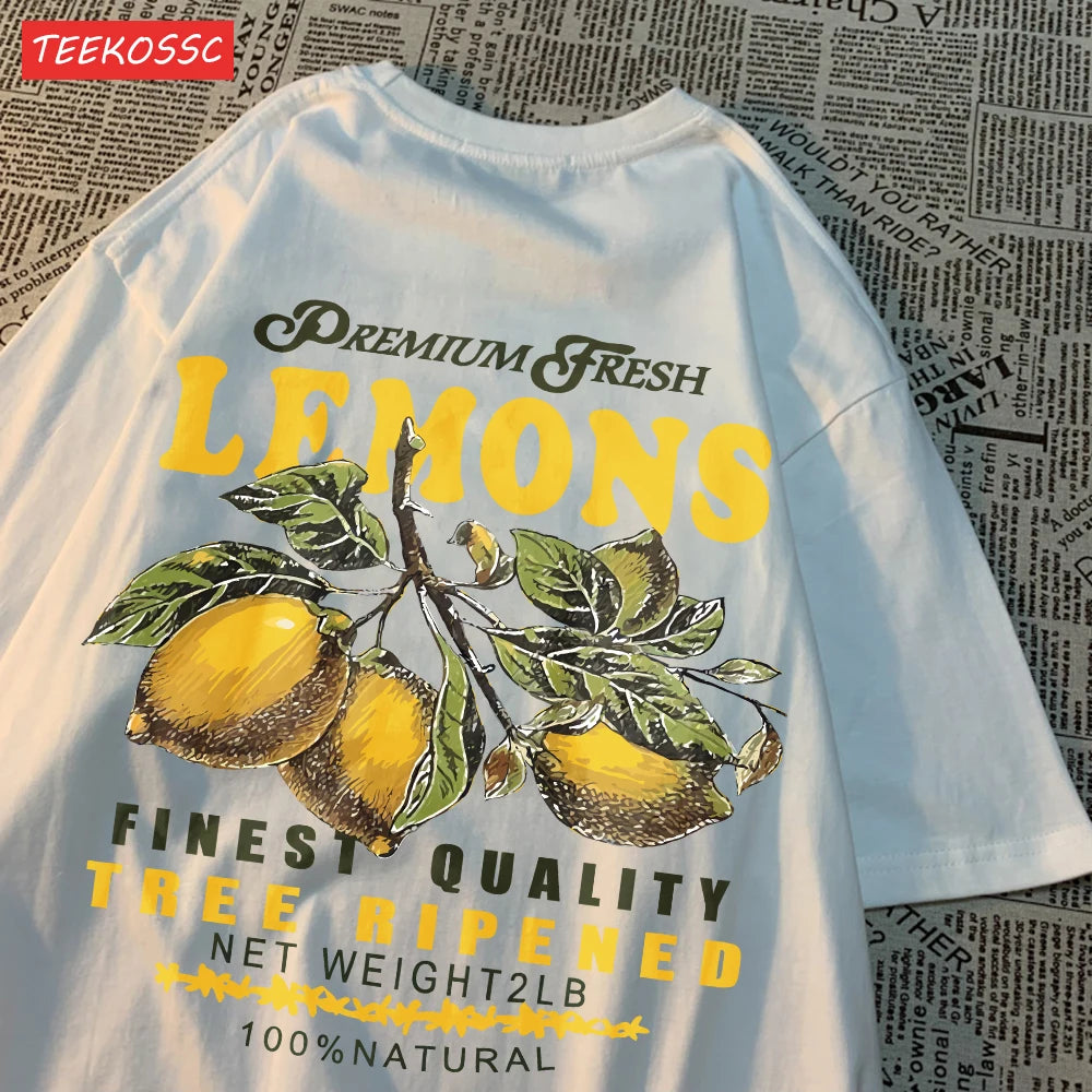 Summer Lemon Cherries Prints T-Shirts Cotton Women's Tops Oversize O-Neck Soft Short Sleeve tees Street Casual Womans Clothes