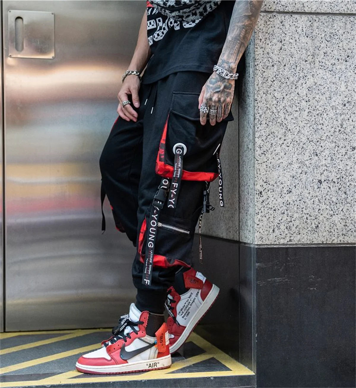 Cool Black Hip Hop Cargo Pants Gothic High Srteet Sweatpants With Pockets Korean High Wast Casual Outwear Pants Men Streetwear