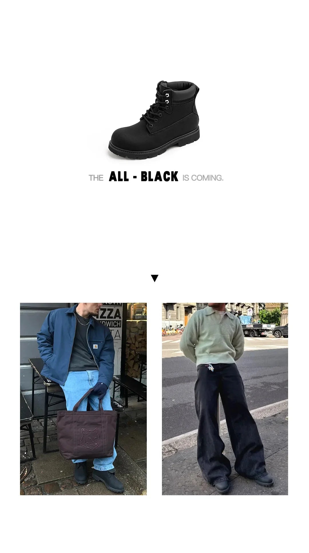 Maden Men's Versatile Black Boots Plush Lining Warmth Shoes Retro Non-Slip Thick Sole Work Boots Outdoor Casual Mid-Calf Boots