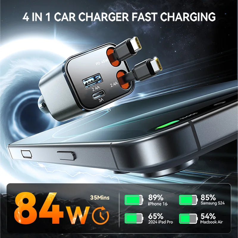 Joyroom 84W Retractable Car Charger Fast Car Charger USB C for iPhone 17 16 15 Fast Charging Car Accessories Car Adapter