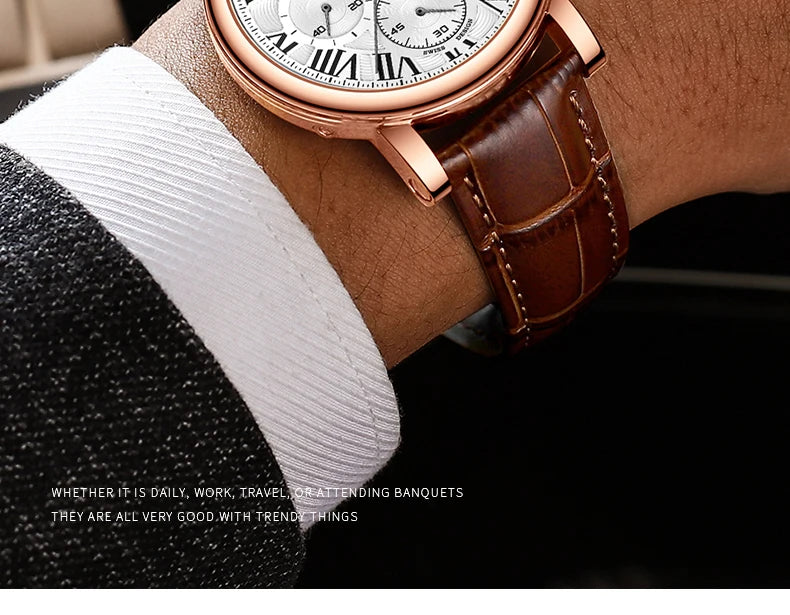 Fashion Mens Watches Top Brand Luxury Genuine Leather Strap Quartz Men's Watch Business Casual Date Chronograph Watch Men